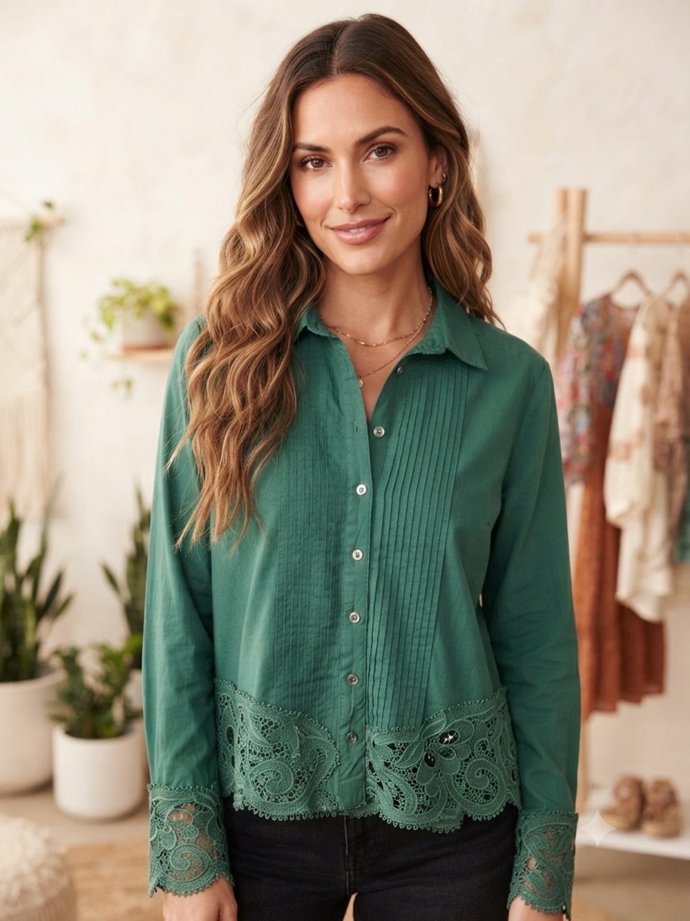 Free People Emerald Green Lace-Trim Button Front Blouse